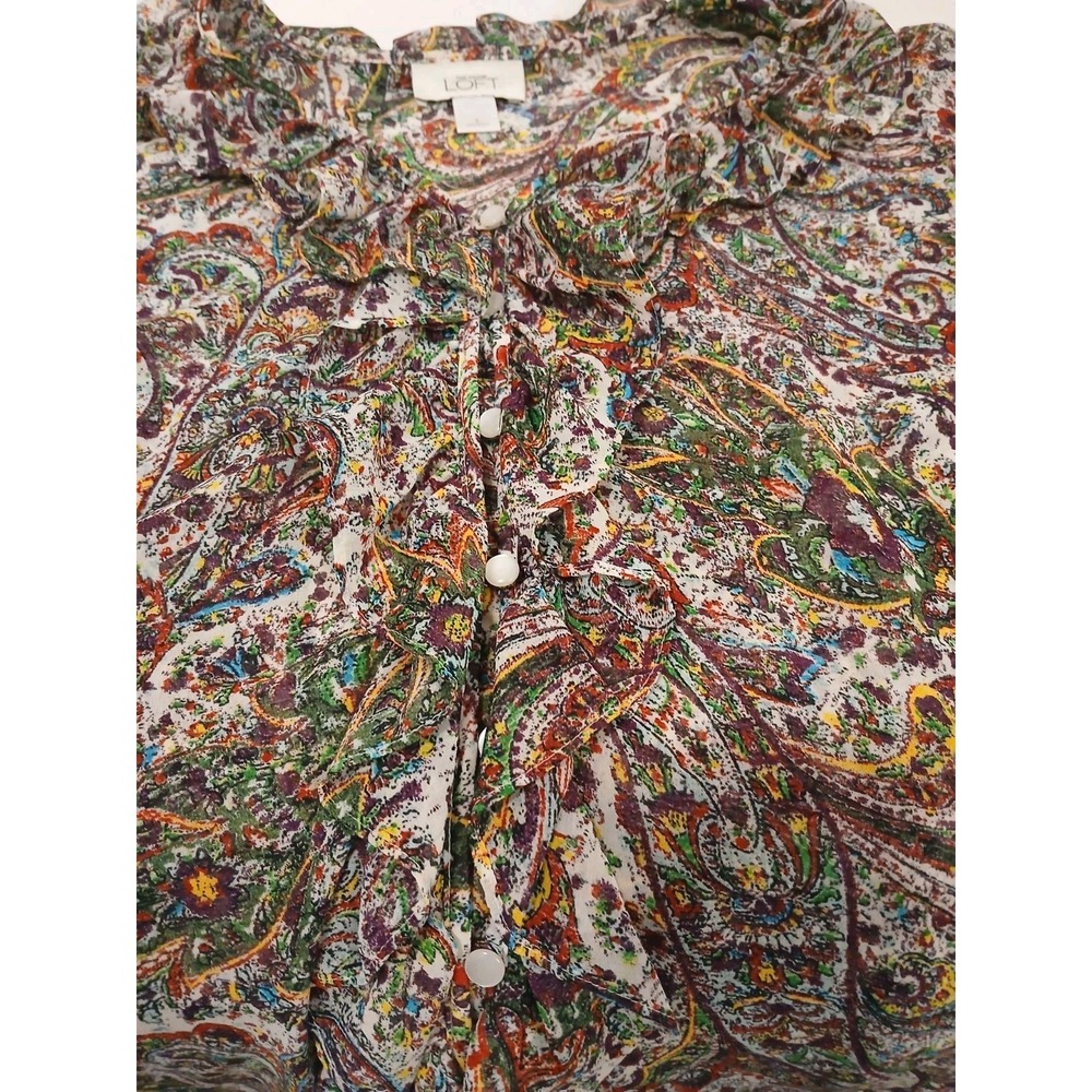 LOFT Womens Summer Ruffle Top L Fairy Twee Short Sleeve Paisley Floral Romantic - Picture 4 of 11